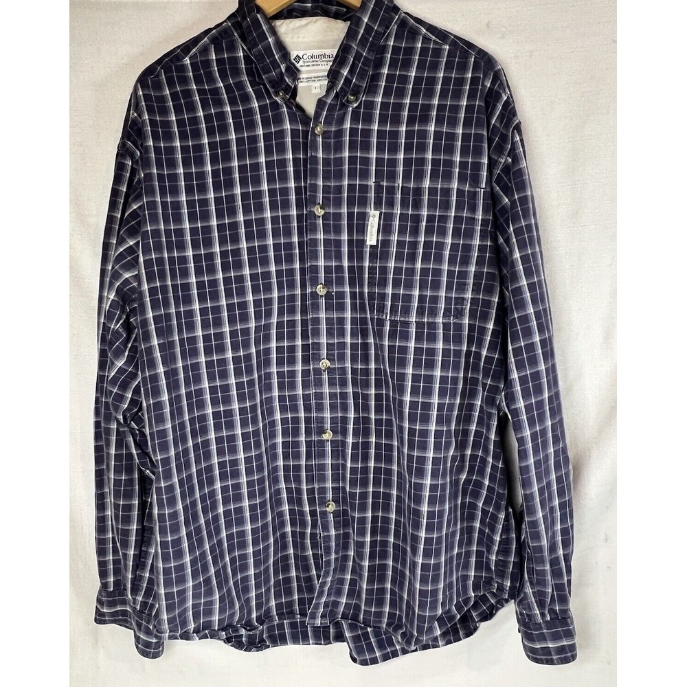 Men's Size Large 100% Cotton Blue Plaid Columbia Long Sleeve Button Up